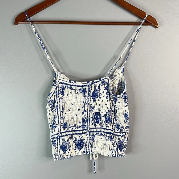 URBAN OUTFITTERS NWT Blue Floral Motif Cami Crop Top Smock Drawstring Tied M - Picture 8 of 12